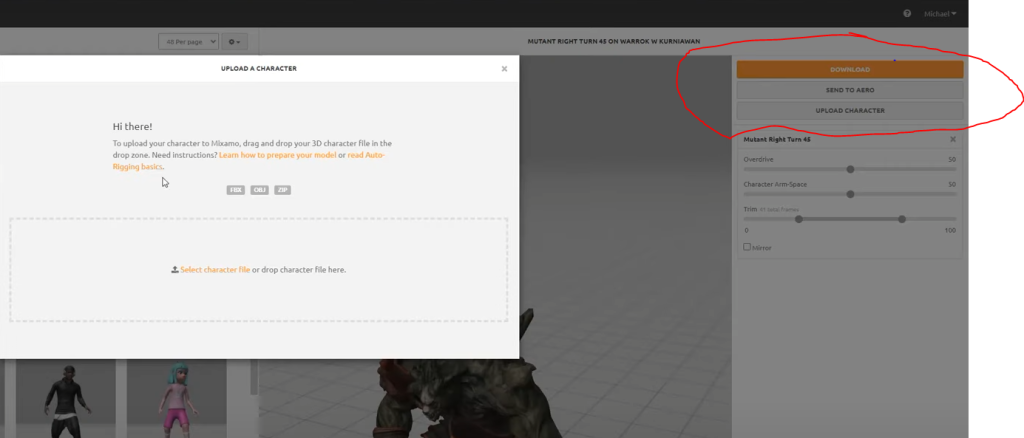 Where to find Upload Character option in Mixamo
