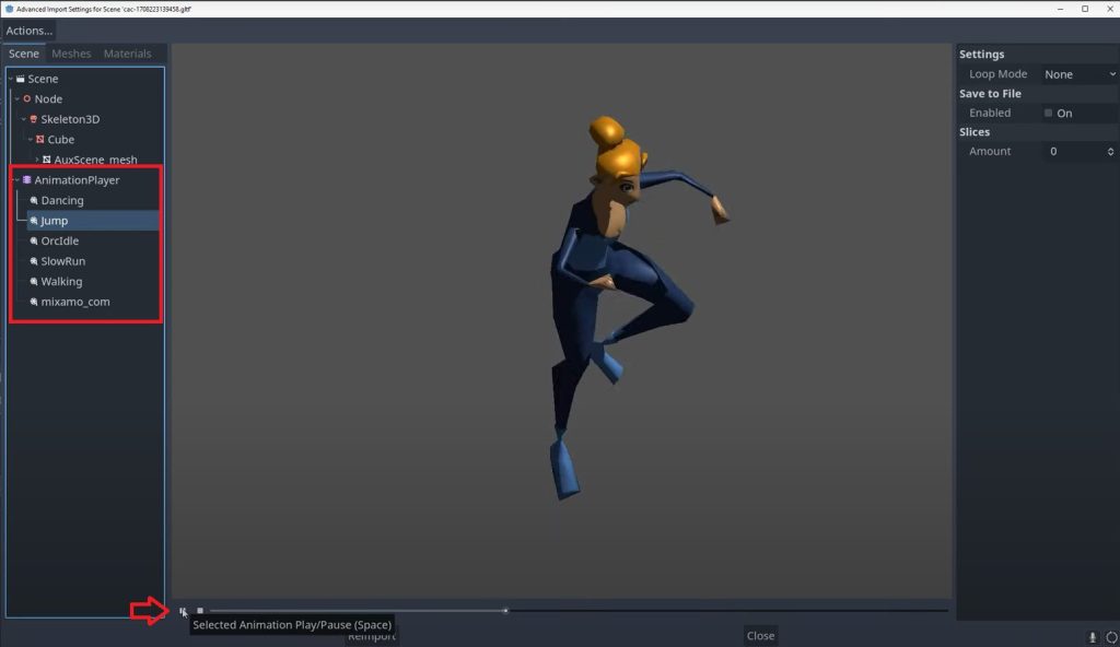 Testing character scene animations example