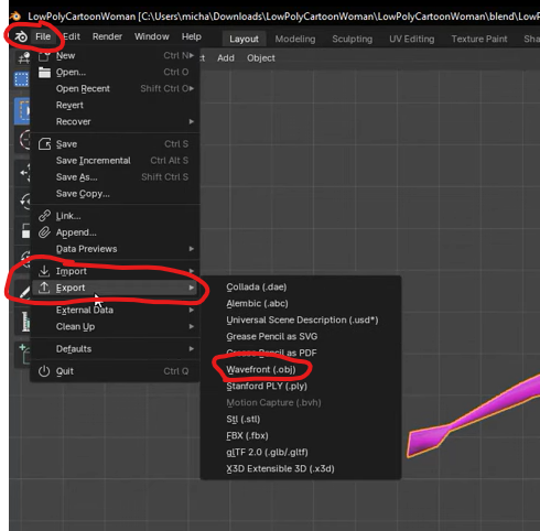 How to export as Wavefront (.obj) inside of Blender