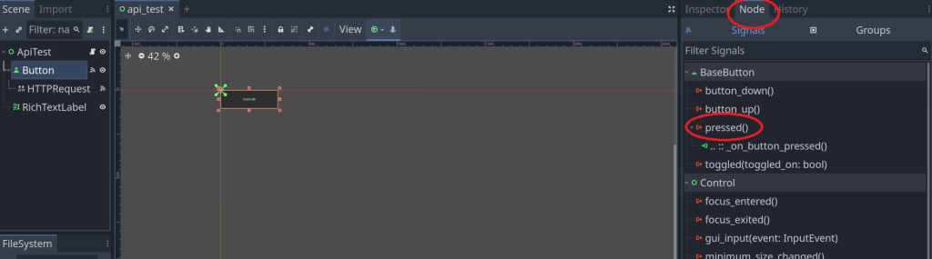 Location of the "pressed()" button signal option in Godot